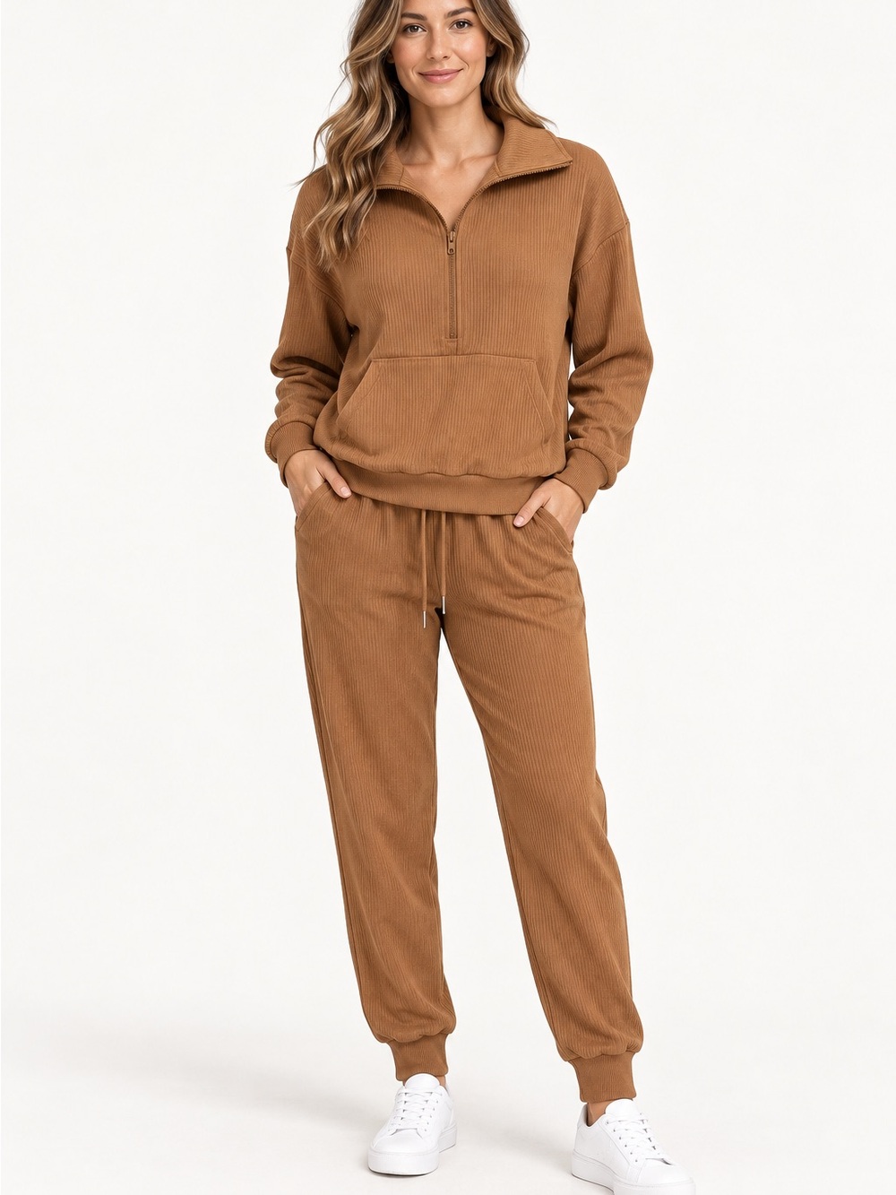 PrettyGarden Brown Ribbed 2 Piece Half Zip Jogger Lounge Set Medium